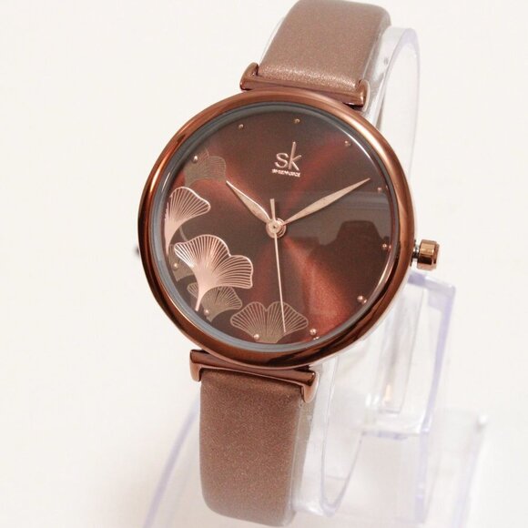 Ladies Casual Watch Ginkgo Biloba Design Dial Coffee Colored Strap 32mm - Picture 4 of 11